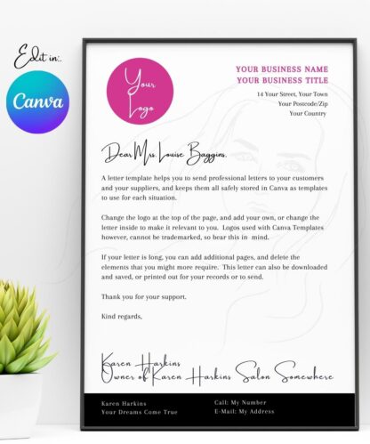 Letter / Letterhead - Pink Swirl (Canva Template - Editable)