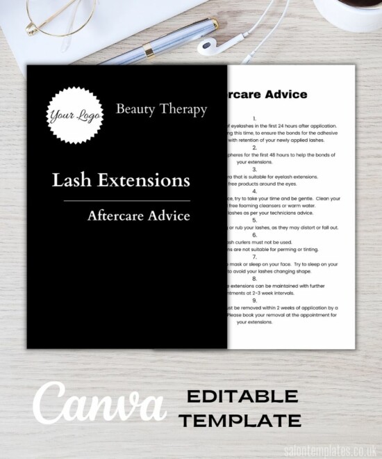 Lash Extensions Aftercare Template - Monochrome (Canva Template - Editable)