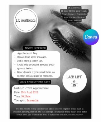 Learning & Aftercare Leaflets - Lash Lift (Canva Template - Editable)