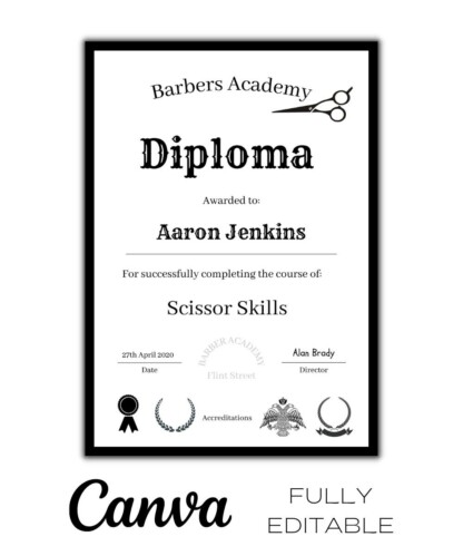 Certificate of Achievement - Barber Academy (Diploma)  (Canva Editable)