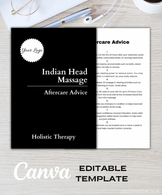 Indian Head Massage Aftercare Advice Template - Monochrome (Canva Template - Editable)