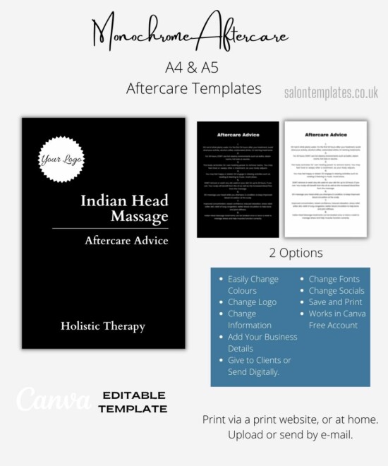 Indian Head Massage Aftercare Advice Template - Monochrome (Canva Template - Editable) - Image 3