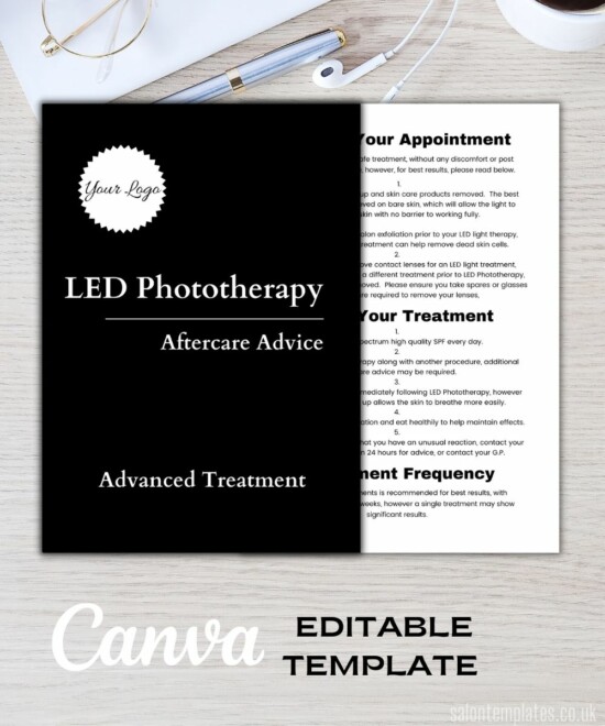 LED Phototherapy Aftercare Advice Template / LED Light Therapy - Monochrome (Canva Template - Editable)