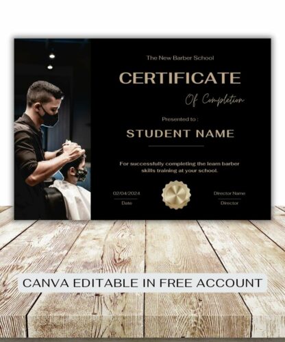 Certificate of Achievement - Barber Academy (Black and Gold)  (Canva Editable)